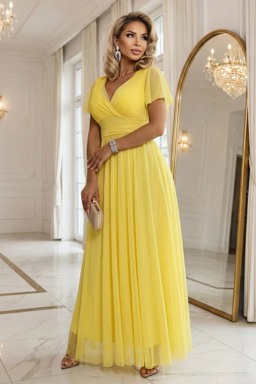 562-8 NASTIA Długa sukienka z dekoltem, wiązaniem i krótkim rękawkiem - cytrynowe limoncello