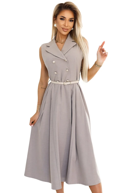 596-2 Elegancka szmizjerka midi ze złotymi guzikami i paskiem - SZARY BEŻ
